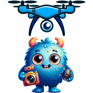 Monster Video Productions logo featuring a cute blue monster holding cameras with a drone above